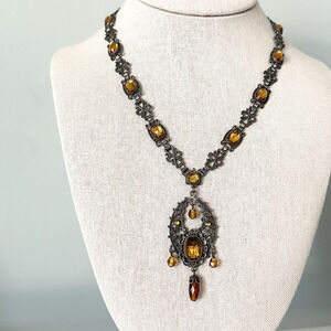 Antique Orange Faceted Glass Silver Tone Drop Runway Filigree Detail Necklace